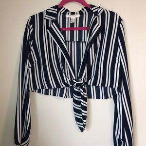 Plunging tie front striped long crop sleeve shirt